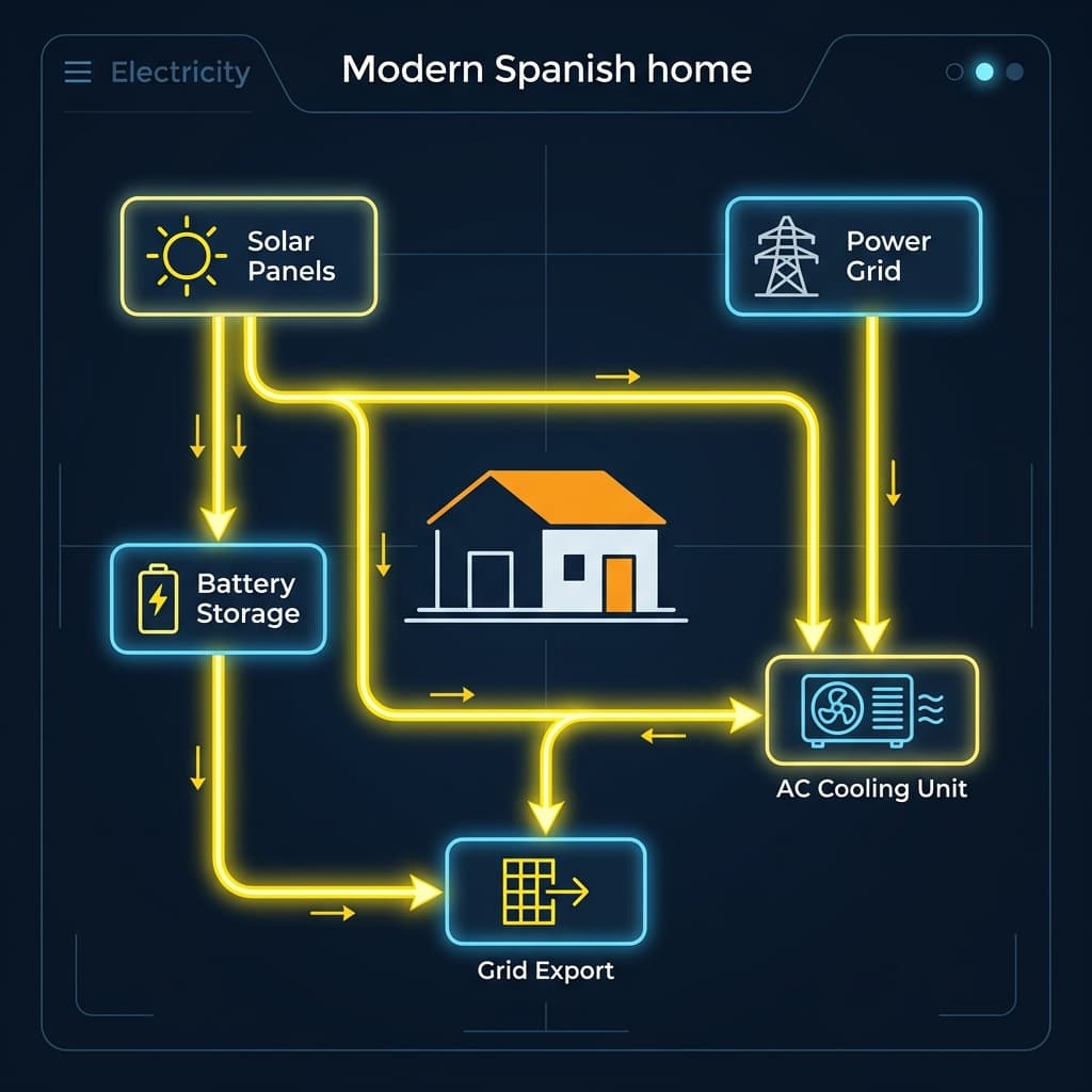 Spanish Home Electricity Flow Diagram: Grid, Solar, AC, Battery, Export