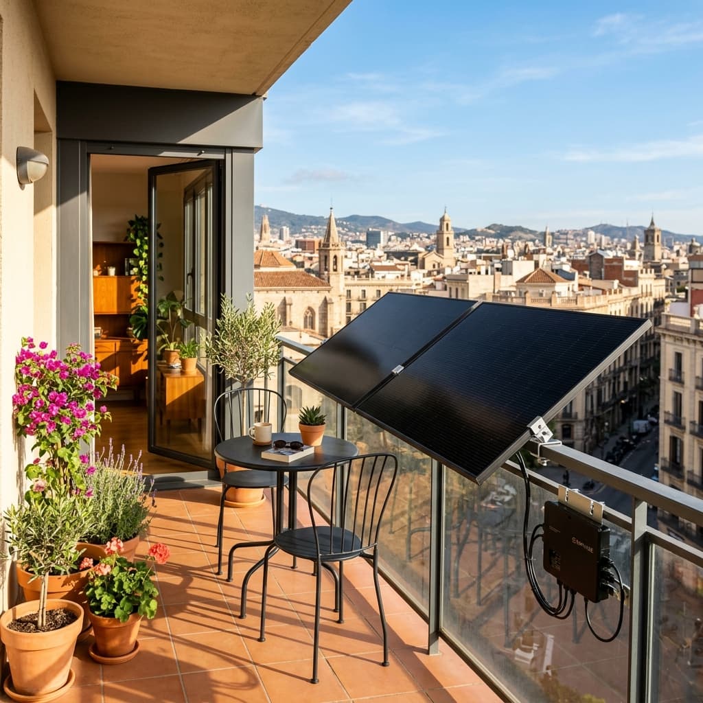 Plug-in solar panels mounted on a sunny apartment balcony in Spain