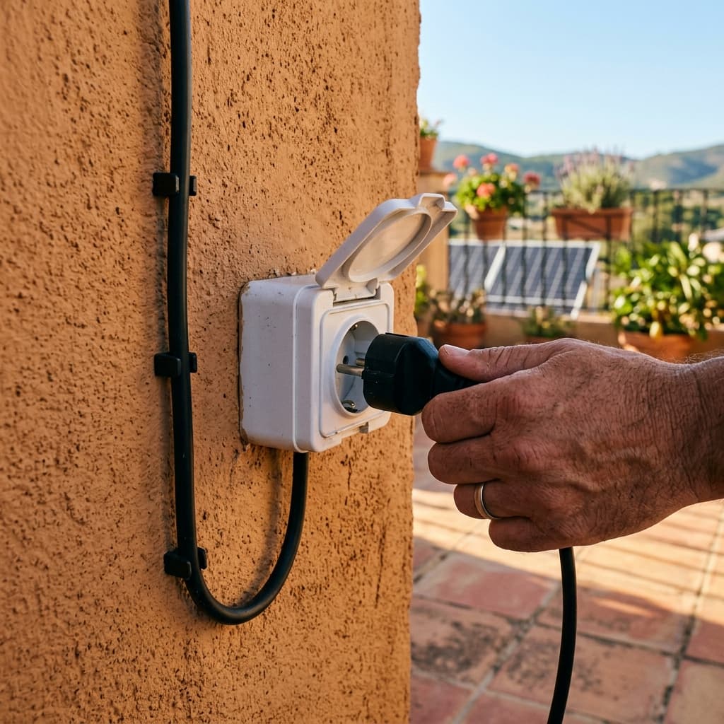 Plugging a solar panel cable into an outdoor wall socket