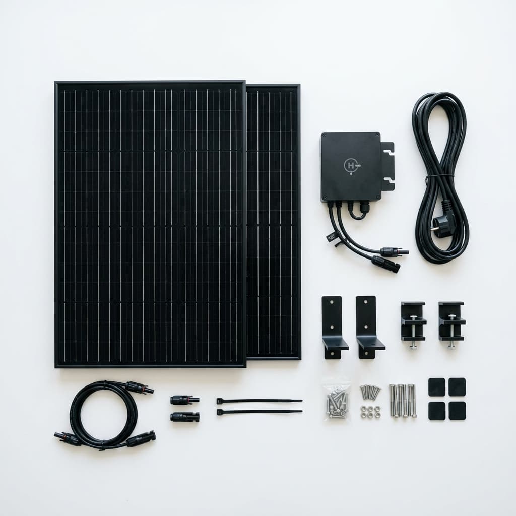 Complete plug-in solar kit components laid out