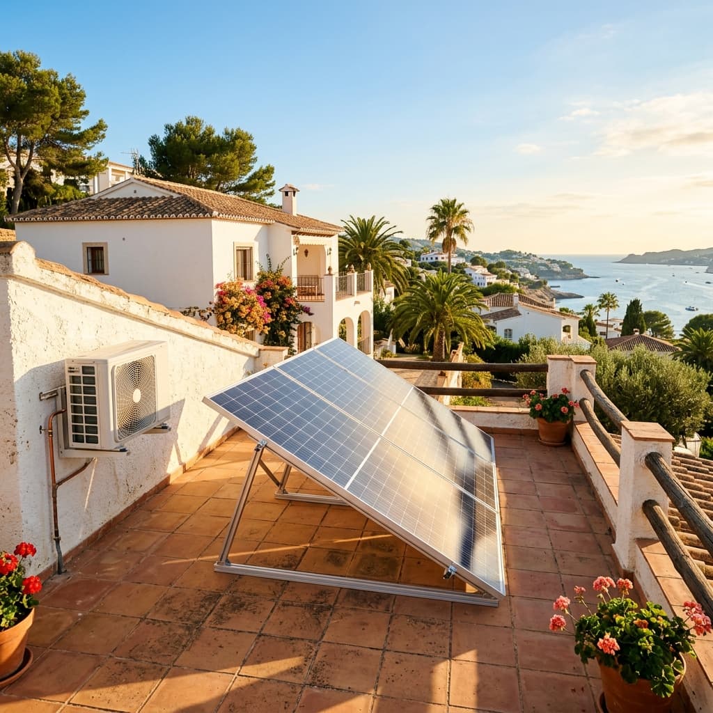 Solar panels on a Spanish villa terrace next to an air conditioning unit