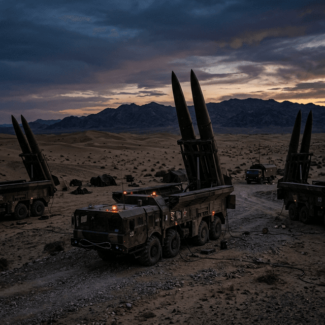Missile launchers deployed in a desert landscape during twilight
